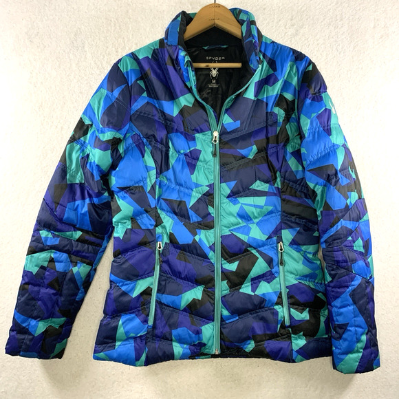 Spyder Womens Colorful Geometric Puffer Coat Sz M Ski Snowboard Active Sports - Picture 1 of 13